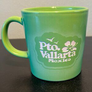 PUERTO VALLARTA Mexico Souvenir Lime Green Incised Stoneware Mug ~ Mexicana